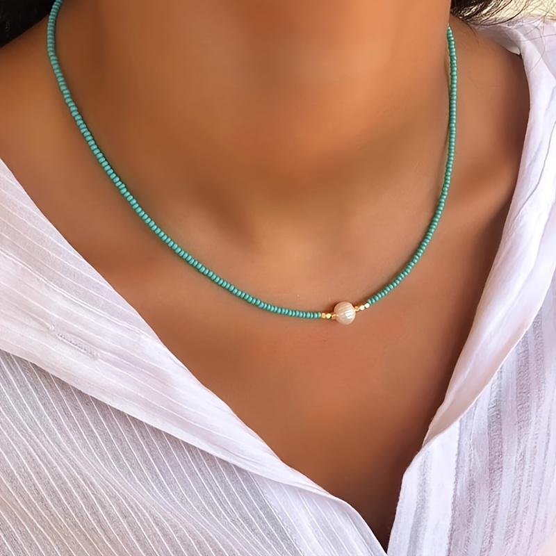 Bohemianischer Resort-Stil, Perlenkette aus Süßwasserperlen in vielen Farben, Elegante Accessoires für Damen, Kreative Geschenke für Liebende blau