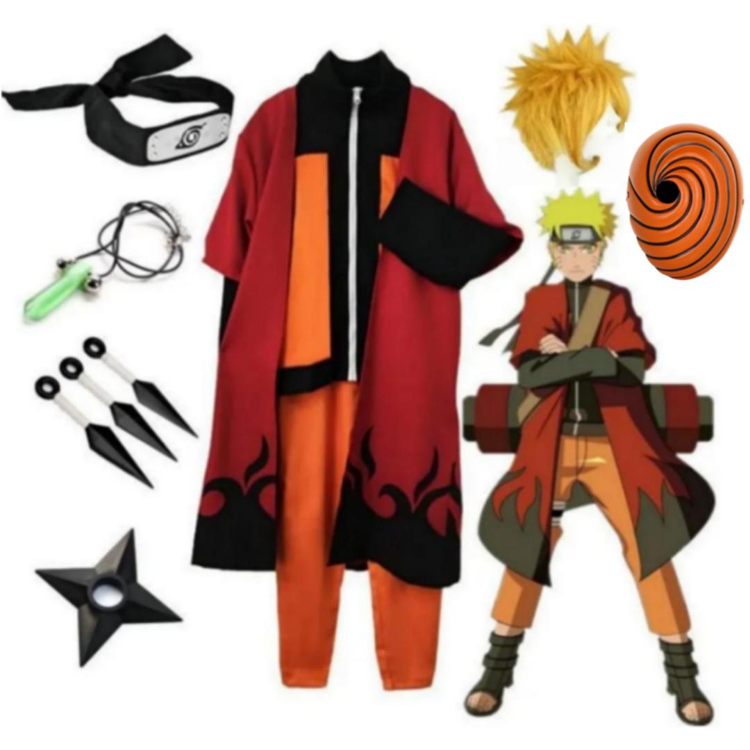 Naruto Uzumaki Akatsuki Cosplay Kostüm, Naruto Shippuden Klassischer Anime Charakter Jacke Hose Stirnband Perücke Outfit für Halloween Karneval Party M