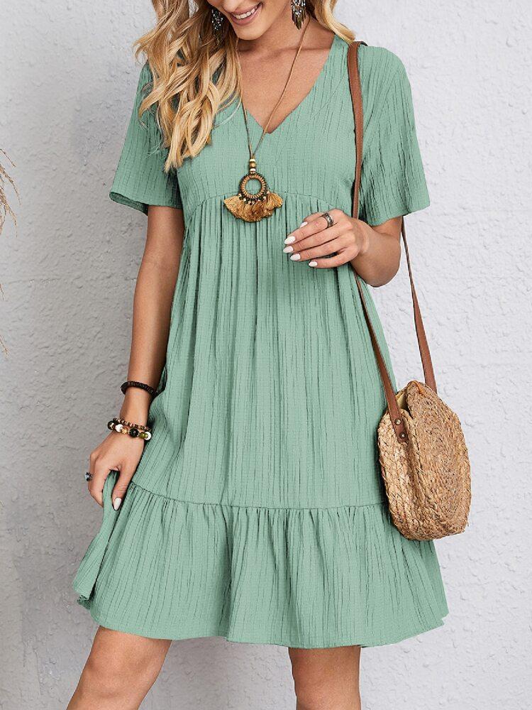 Frauen Vintage Mini Kleider 2023 Sommer Feste Beiläufige V-ausschnitt Rüschen Kleid Damen Boho Lose Strand Party Elegante Kleider XL hellgrüne