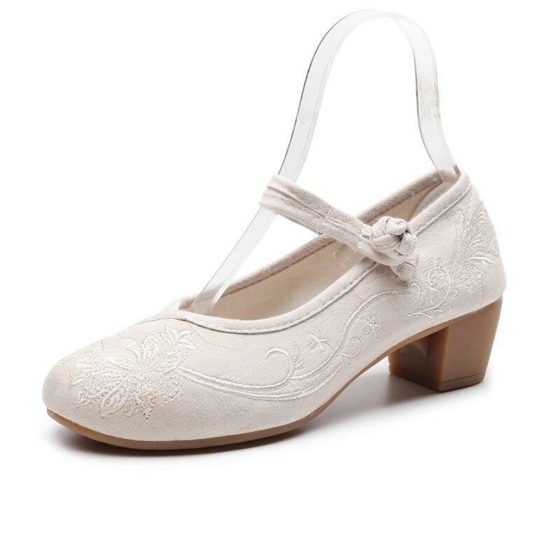 Retro Frauen Schuhe Chinesischen Stil High Heel Gestickte Schuhe Elegante Frau Pumps Mary Jane Schuhe Damen Schuhe 37 beige
