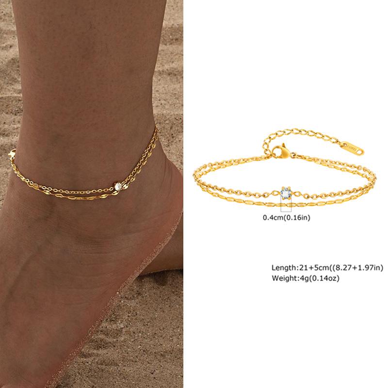 Wasserdichtes mehrlagiges Fußkettchen für Damen, verstellbar, vergoldet mit Zirkonia, Edelstahl-Gliederkette, Fußschmuck