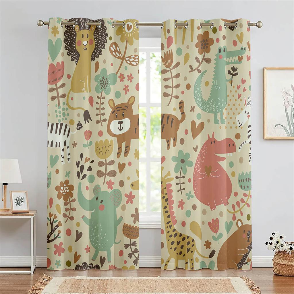Cartoon Dschungeltiere Kinder Vorhänge Safari Zoo Druck Fenstervorhänge 2 Paneele Kinderzimmer Schlafzimmer Kinderzimmer Heimdeko 75W166H(CM)X2PCS&Rod Pocket