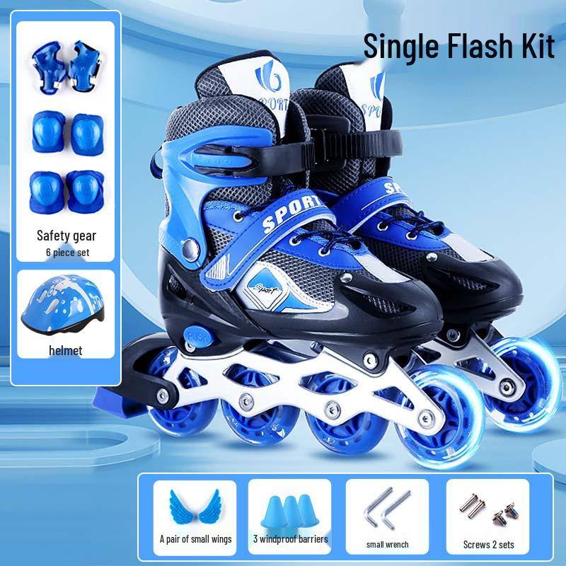 Verstellbares Kinder-Inline-Skates-Set mit PVC-Blinkrollen, Helm und Schutzausrüstung Adjustable Small (Fits Size 26-32) blau/schwarz