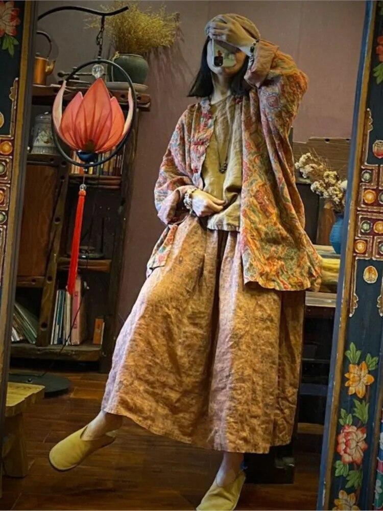 Johnature Frauen Casual Retro Schneeflocke Waschen Druck Lose Mantel Flachs Langarm Chinesischen Stil Vintage Herbst Mantel One Size rot