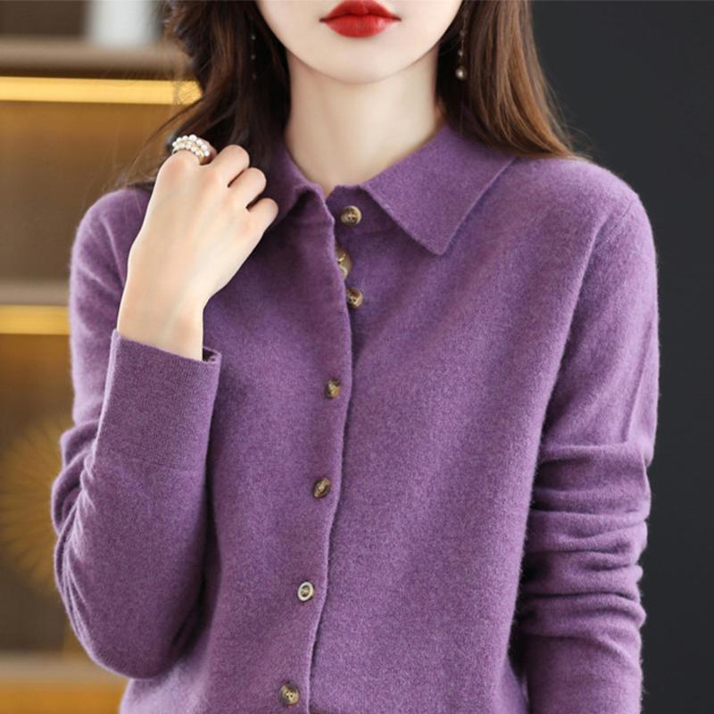 Pullover Strickjacke Wollmischung Herbst und Winter Damen neue lose Polo-Revers-Tops gestrickte Strickjacke S violett