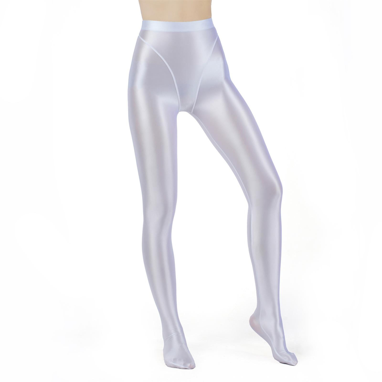 Damen Metallic Glänzende Leggings Fake 2-Teiler Hohe Taille Dehnbar Strumpfhose für Yoga Fitness Sporthose L weiß