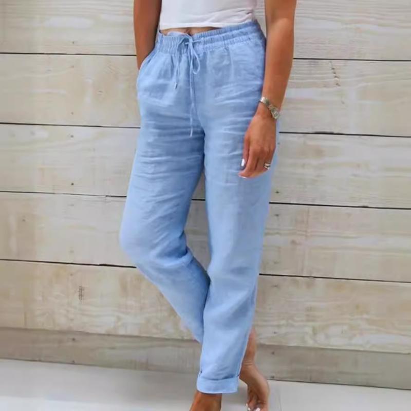Baumwolle Leinen Sommerhose für Damen Hohe Taille Elastisch Lässige Hose Streetwear Einfarbig Damenkleidung Lockere Bleistifthose L himmelblaue
