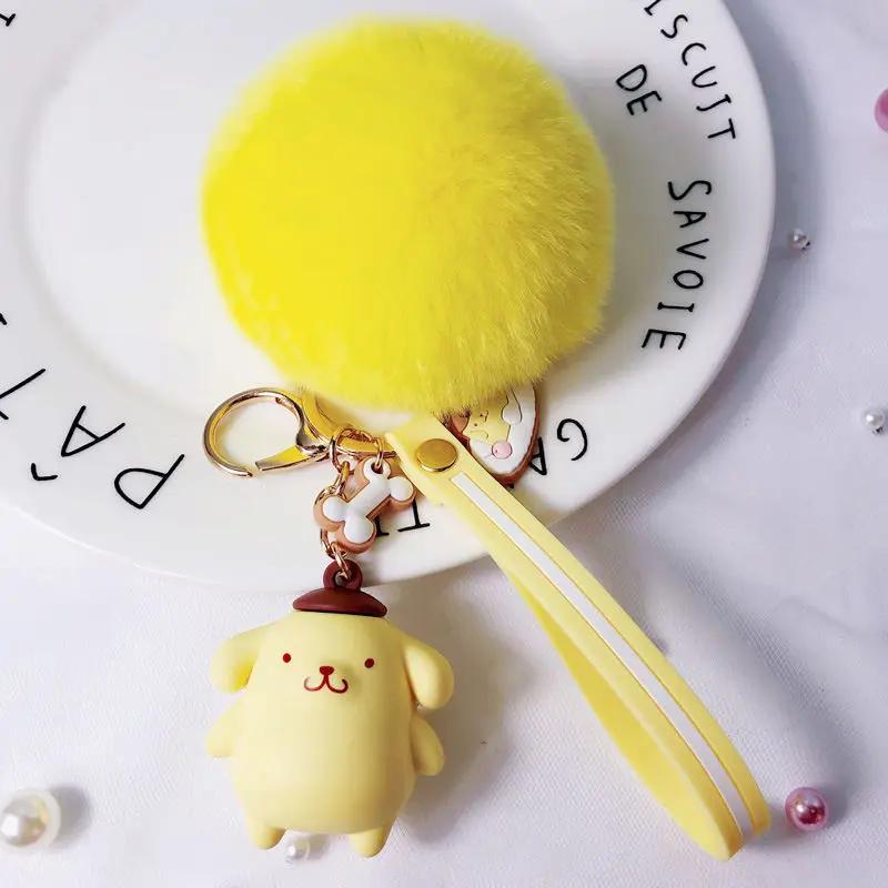 Neue Sanrio Hello Kitty Kuromi Melody Cinnamoroll Entzückende Schlüsselanhänger mit flauschigem Kaninchenfell-Kugel Damen Mädchen Tasche Anhänger Schlüsselanhänger Geschenke yellow