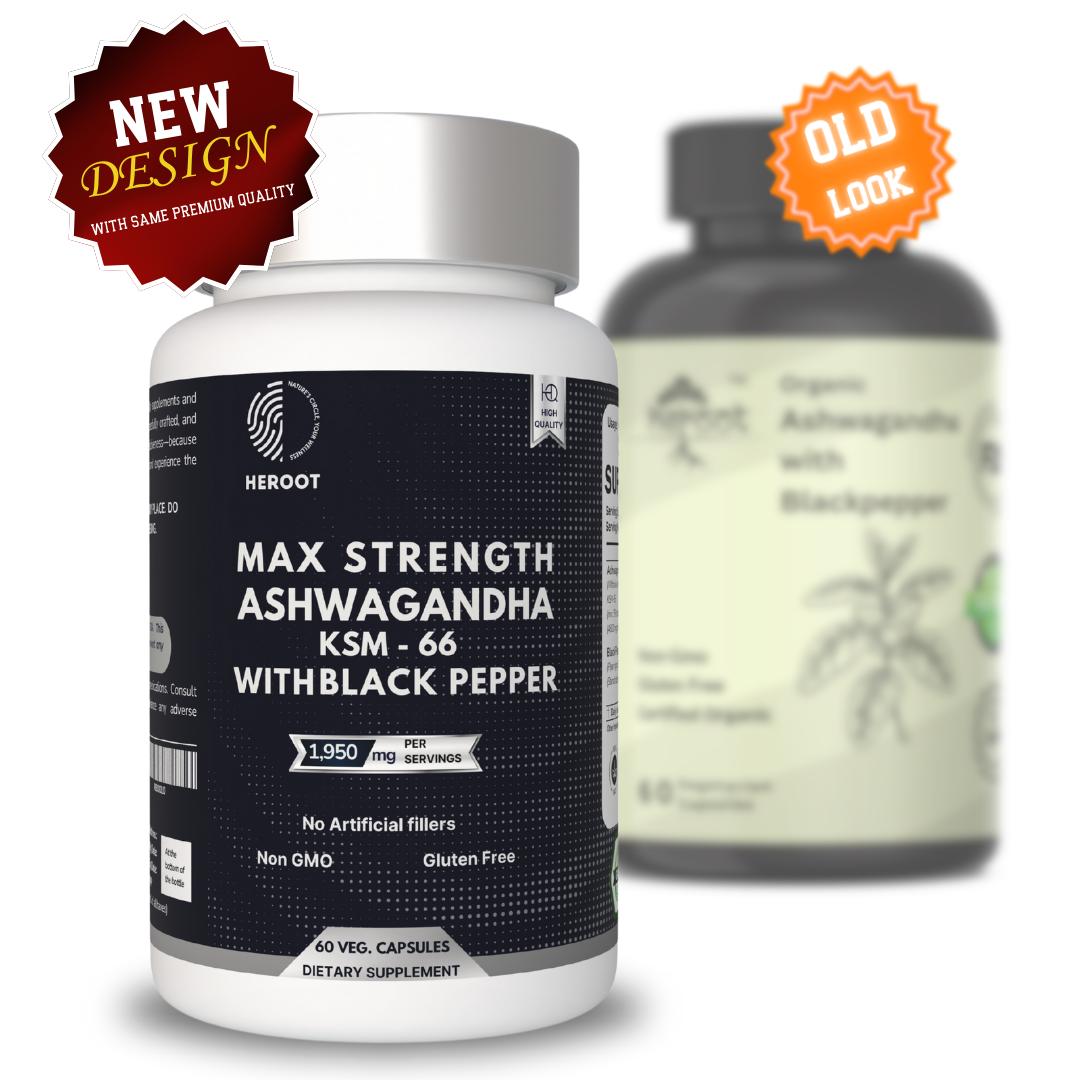 Heroot Ashwagandha & Schwarzer Pfeffer Kapseln | 1950 mg | Nahrungsergänzungsmittel Pack=60 Capsules