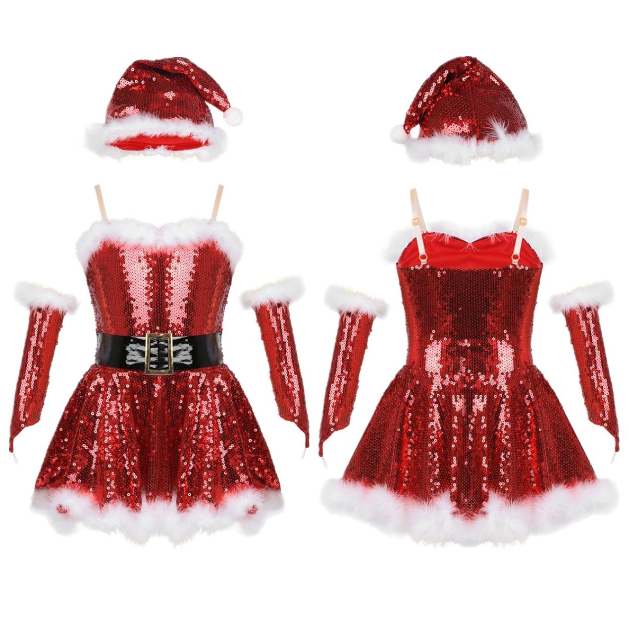 Kinder Mädchen Weihnachtsmann-Kostüm-Outfit, ärmelloses Pailletten-Tutu-Kleid, Tanzshow-Kostüm-Set für Weihnachten, Cosplay-Party