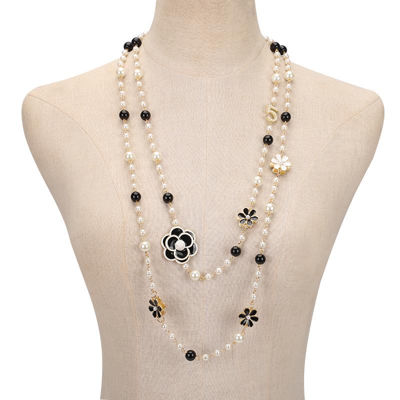 Lange Damen-Pullover-Kette, doppellagiger Anhänger, lange Halskette, Party-Schmuck, Pullover-Kette schwarz