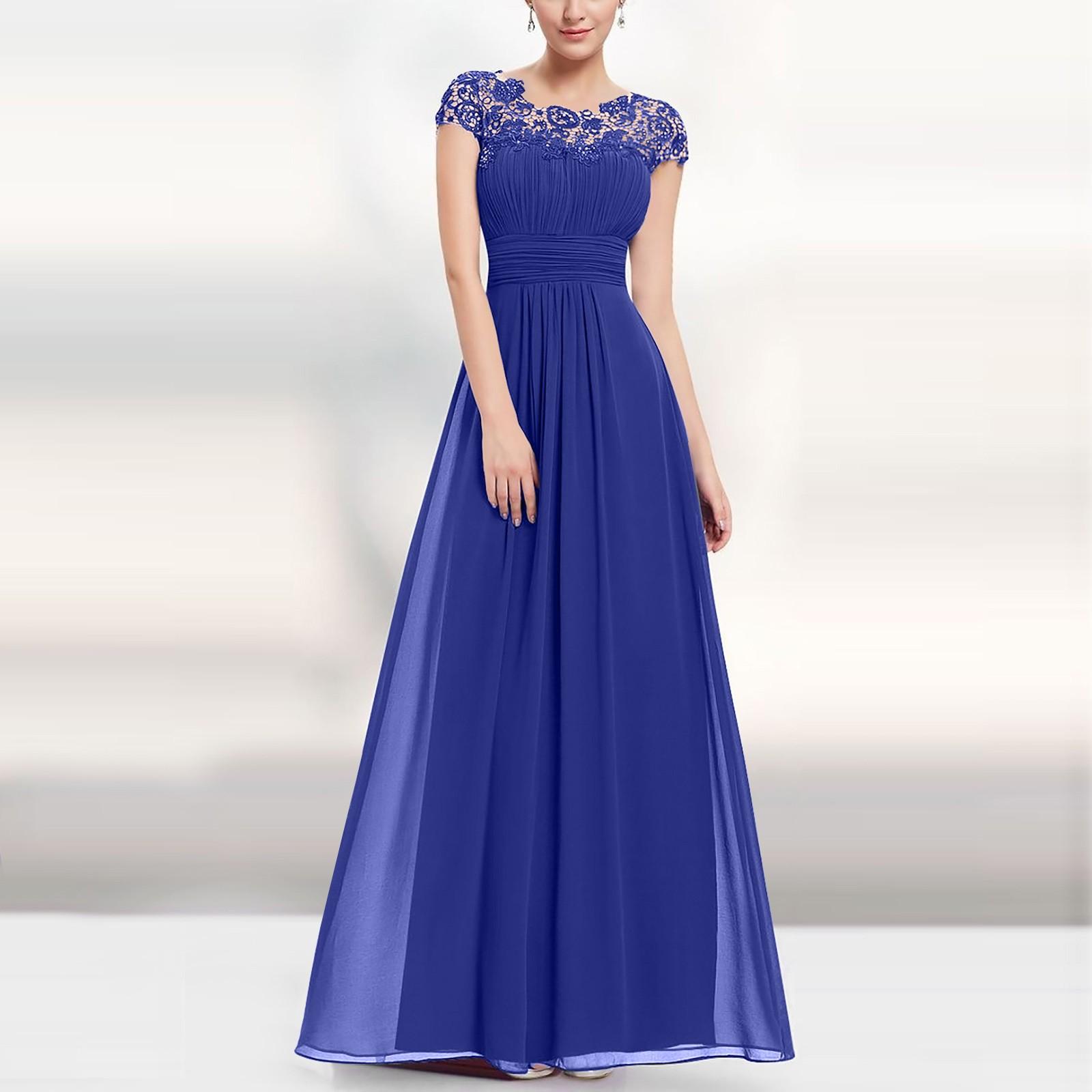 Damenmode, florales, formelles Spitzen-Vintage-Kurzarm-, schmales, langes Hochzeitskleid M