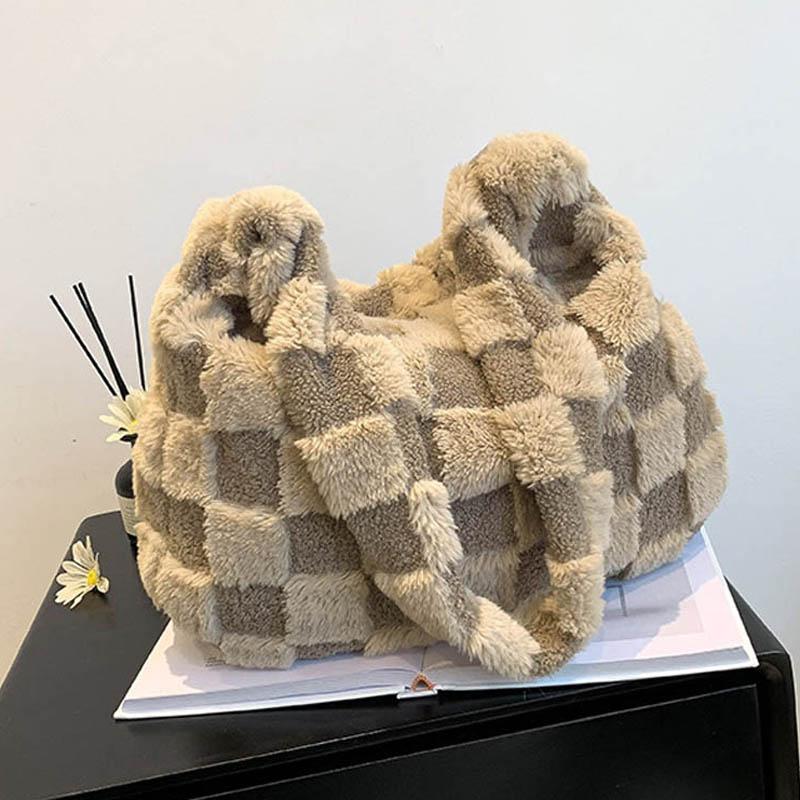 Plüsch-Tasche, große Kapazität, Einkaufstasche, Damen-Handtasche, Einkaufstasche, modische Damen-Tasche mit Griff oben, 2023, Winter, lässig, Unterarm-Schulter-Plüsch-Tragetasche, große Tasche khaki