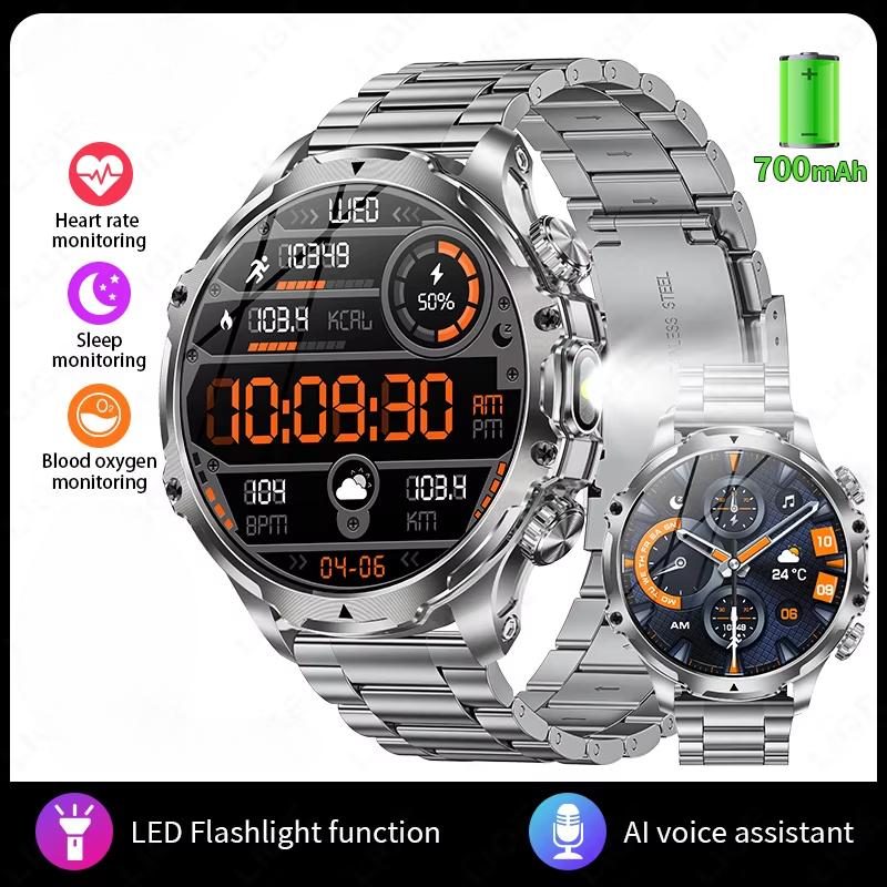 2025 Neue Smartwatch Taschenlampe 1,9 Zoll Herren Outdoor Sport Fitness Tracker 700mAh Großer Akku BT Anrufe LED Licht Smartwatch Steel Belt grau