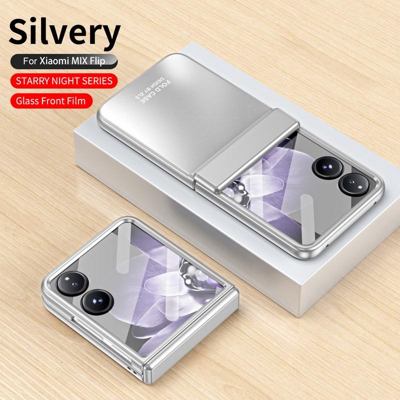 Luxuriöse, einfarbige Klapphülle mit gehärtetem Glas, 3-teilig, für Xiaomi Mix, Flip, stoßfeste, klare, harte PC-Hülle für schlanke Telefone Xiaomi Mix Flip(with Film) silber