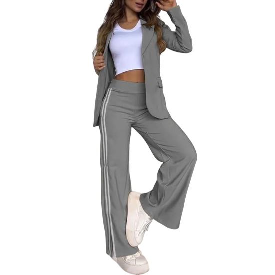 2-teiliges Set mit formellem Mantel und Hose für Damen, Umlegekragen, lange Ärmel, Jacke, lockere, gestreifte Hose mit weitem Bein, lässiges Alltagsoutfit zum Pendeln M dunkelgraue