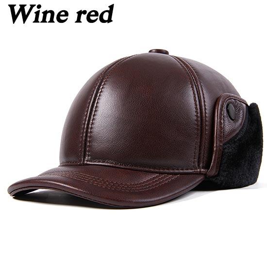 L-2XL Hohe Qualität Echtes Leder Hüte Winter Erste Schicht Rindsleder Warme Ohrenschützer Bomber Caps Plus Samt Verdicken Mann Knochen caps Papa Hut XXL wein rot
