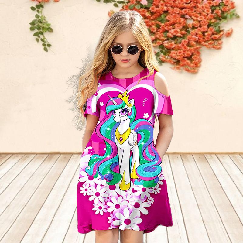 Mädchen-Kleid mit Blumenmuster, rosafarbenes Pferd, für Kinder, Mädchen, Party, schulterfreies Kleid, Prinzessinnenkleid, kurzärmeliges Kleid, über vier Jahre alt 80 rosa