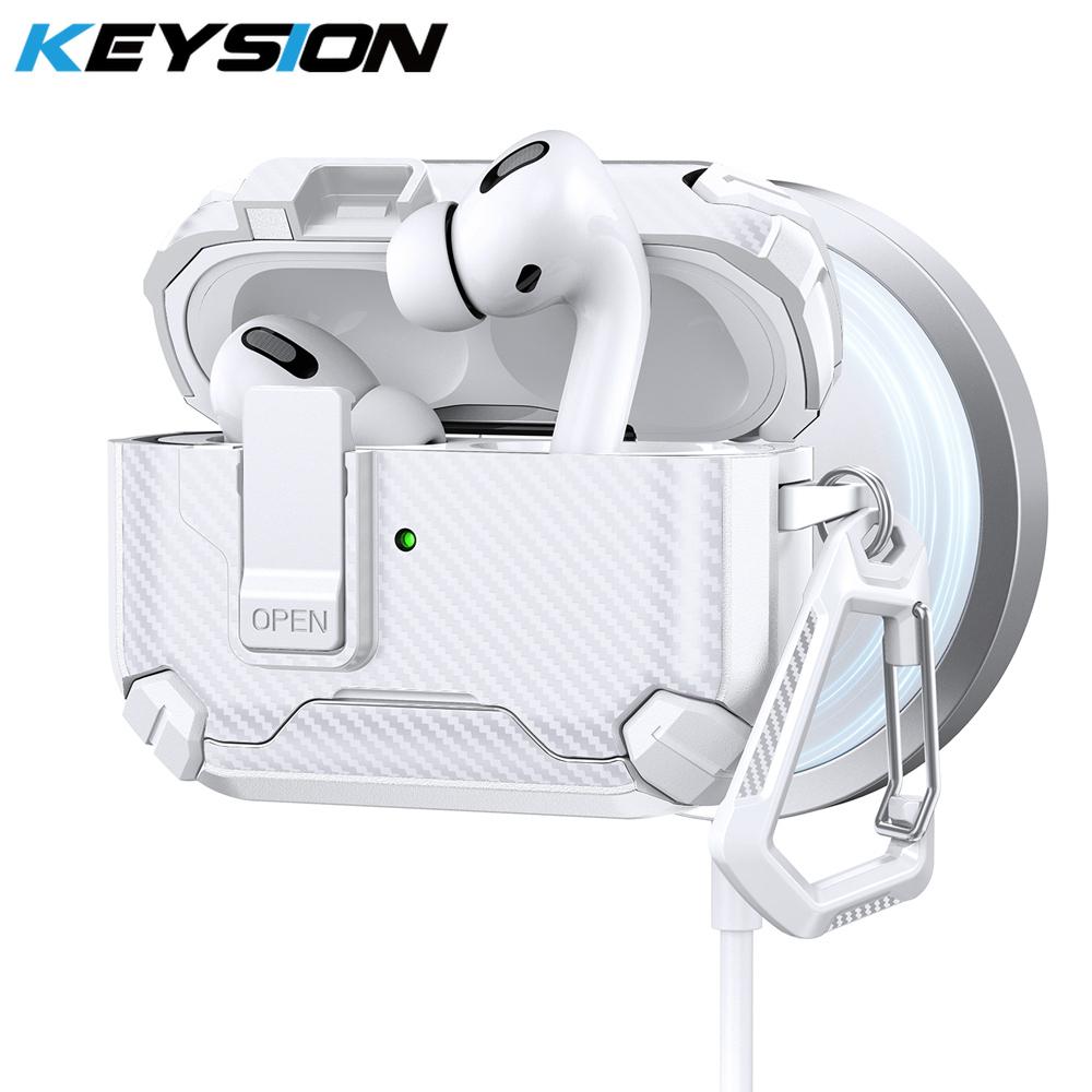 KEYSION Magnetisches Automatikschalter Kopfhörer-Etui für Airpods Pro 3 Pro 2 Stoßfest Handy-Ständer Haken Kopfhörerhülle für AirPods 4 for AirPods Pro 3