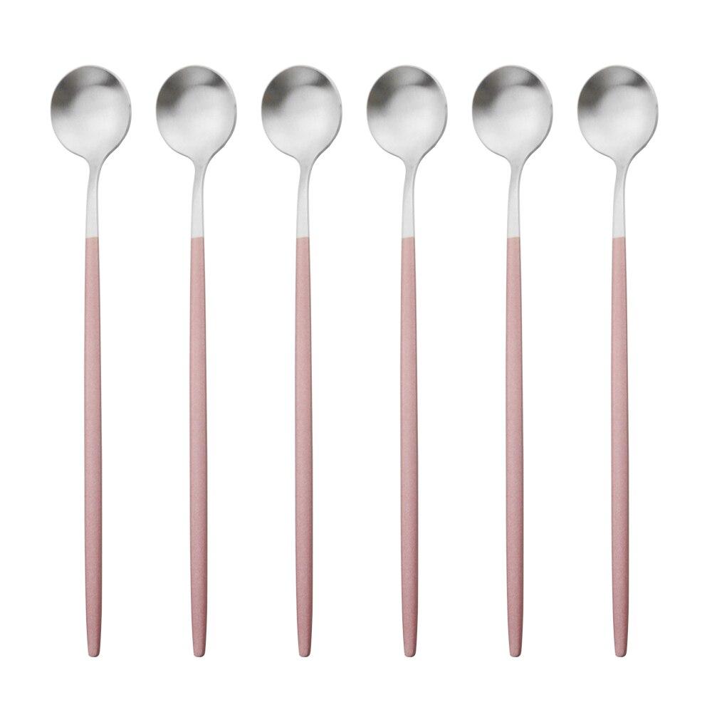 6-teiliges Gold-Löffel-Set mit langem Griff, mattierter Edelstahl, poliert, zum Rühren, für Getränke, Eis, Dessert, Teelöffel, Geschirr rosa/silber