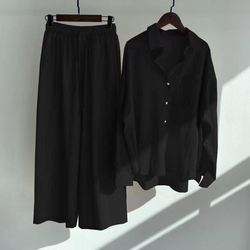 Damen zweiteiliger Anzug Retro Plus Size Baumwolle Leinen Hemd Anzug Hohe Taille Lose Hosen für Frauen XXXL schwarz
