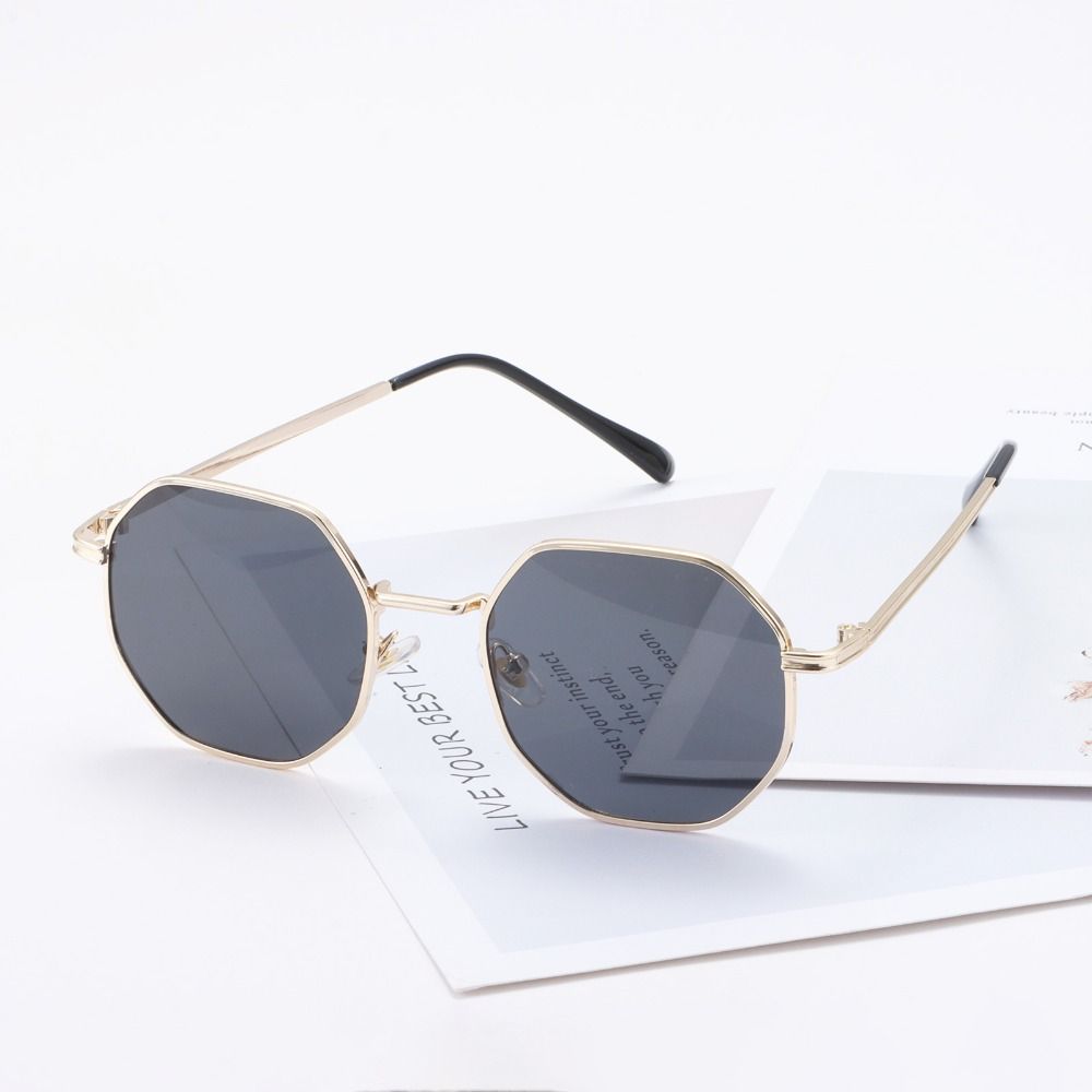 Vintage Kleine Metallrahmen Herren Sonnenbrille Sechseckige Sonnenbrille für Damen Polygon Sonnenbrille Shades Gold-Black grey