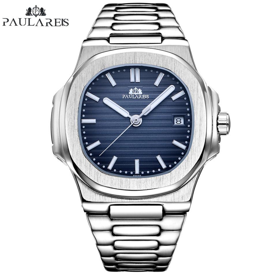 PAULAREIS Herren-Armbanduhr, automatisch, selbstaufziehend, mechanisch, leuchtend, Edelstahl, Blau, Grau, Kaffee, Schwarz, Weißes Zifferblatt, einfache Business-Armbanduhr navy blau