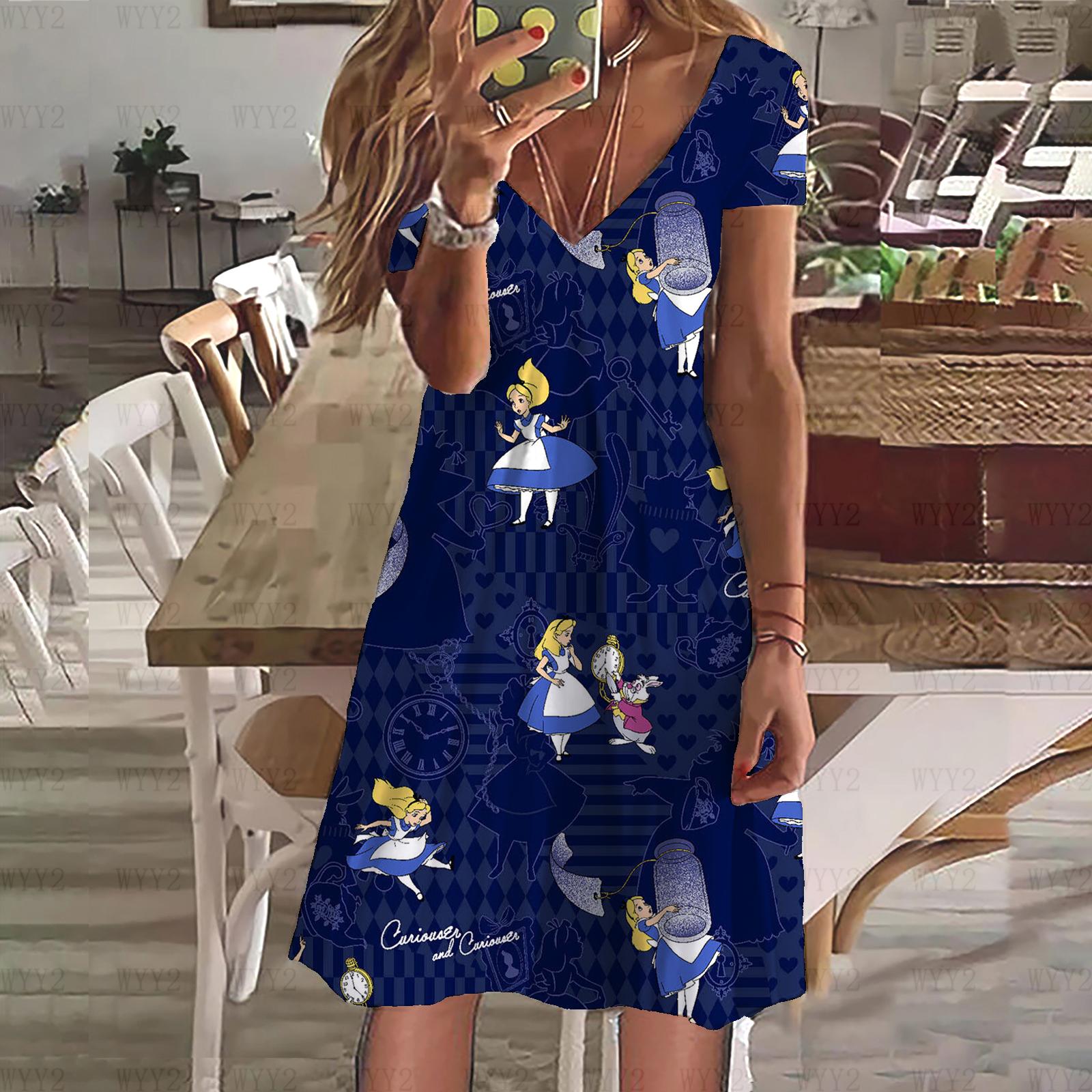 Sommerkleid für Damen, neues Disney-Prinzessinnen-Alice-im-Wunderland-Print, V-Ausschnitt, kurzärmeliges Kleid, Damenkleidung, lässiger Streetstyle 7XL