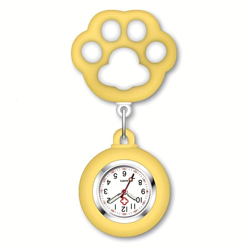 Niedliche Krankenschwester-Uhr mit Katzenpfoten-Brosche und Clip, einziehbare Teleskop-Taschenuhr für Krankenschwester, Arzt, Rettungssanitäter gelb