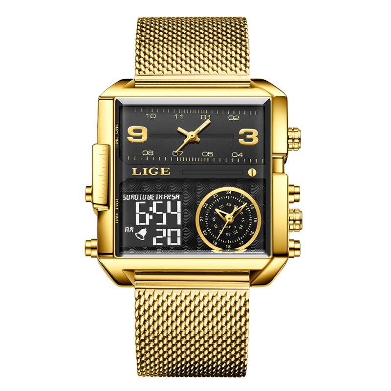 LIGE Top Marke Luxus Herren Uhren Quadratische Digitale Sport Wasserdicht Männer Quarz Armbanduhr gold/schwarz