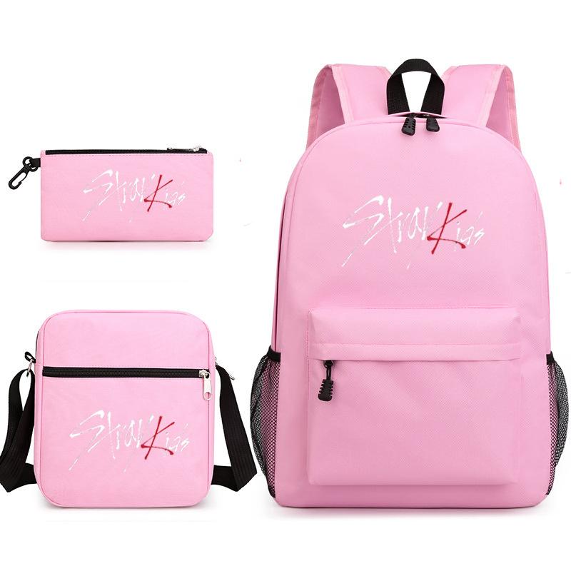 Stray Kids Kombinations-Peripherieartikel Gleicher Rucksack Rucksack Schüler Schultasche Federmäppchen Dreiteiliges Set Männer und Frauen three-piece set rosa