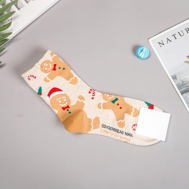 Herbst und Winter Warme Weihnachtssocken Schneemann Elch Lebkuchen Niedliche Cartoon Weihnachtsmann Mittelkalbsocken One size beige