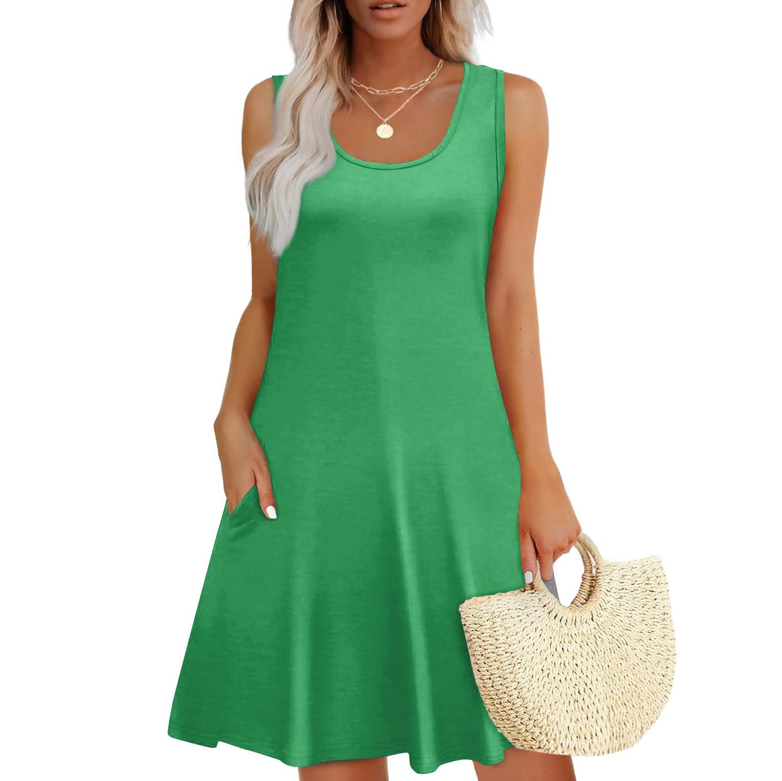 Lässiges Sommerkleid für Damen mit Taschen, Sommer-Boho-Strandkleid, Urlaubskleider für Damen, T-Shirt-Kleid, U-Ausschnitt, lockere Tank-Kleider XXL grün