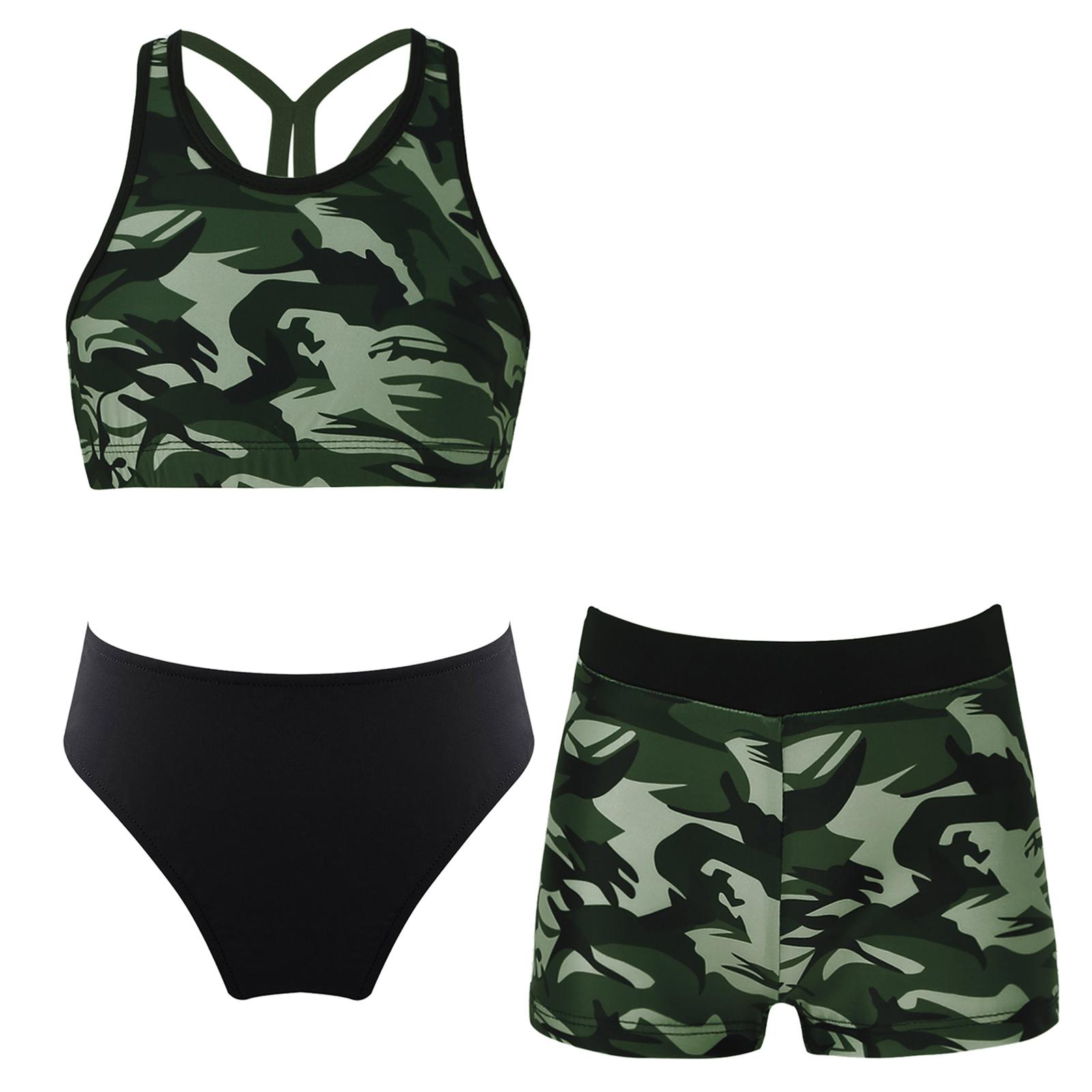 Kinder Mädchen 3-teiliger Badeanzug mit Blumenmuster, Criss Cross Sport-BH, Boyshorts, Tankini-Badeanzug 15-16 Years grüne tarnfarbe