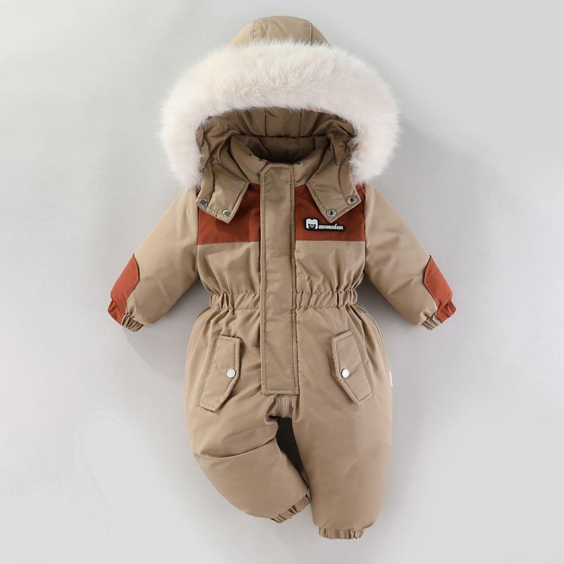 -30 Grad Winter Baby Skianzug Jumpsuit Oberbekleidung Anzüge für Kleinkinder Baby Skianzug Dicker Baby Jumpsuit Wasserdicht Mit Kapuze für Mädchen Jungen 90cm kaffeebraun