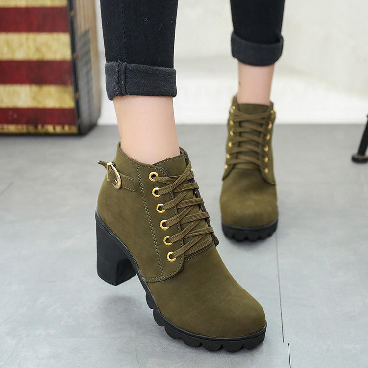 Herbst Winter Hochhackige Frauen Stiefel Kreuz Straps Kurze Stiefel Bequeme Wasserdichte Stiefel Warme Plus Größe 40 dunkelgrüne