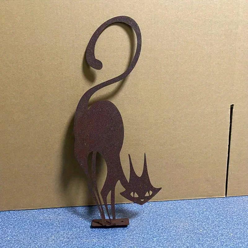 1-teiliges rostiges Katzen-Halloween-Zaun-Ornament aus Schmiedeeisen – Gartenstatue für den Außenbereich als festliche Gartenparty-Dekoration beige