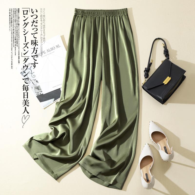 Eis Seide Weite Hosen Damen Sommer Elastischer Bund Satin Gerade Hosen Uni Lässig Locker Acetat Damen Hosen L grün
