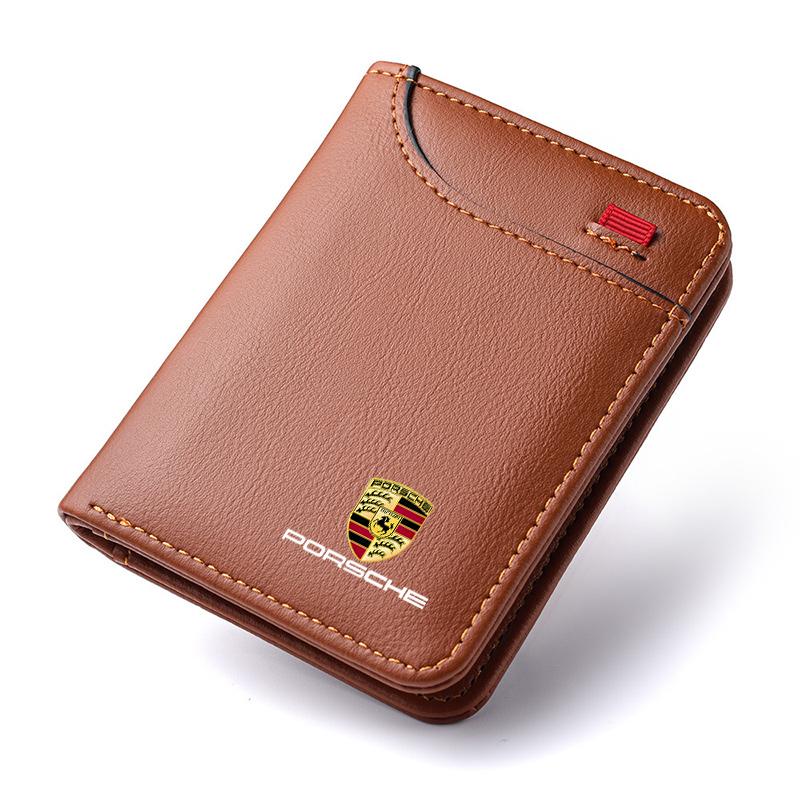 Auto-Emblem Premium Leder Geldbörse Kreditkartenetui Tragbare Kleine Geldbörse Für Porsche 911 Cayenne 918 Pajun 718 Panamera Macan braun