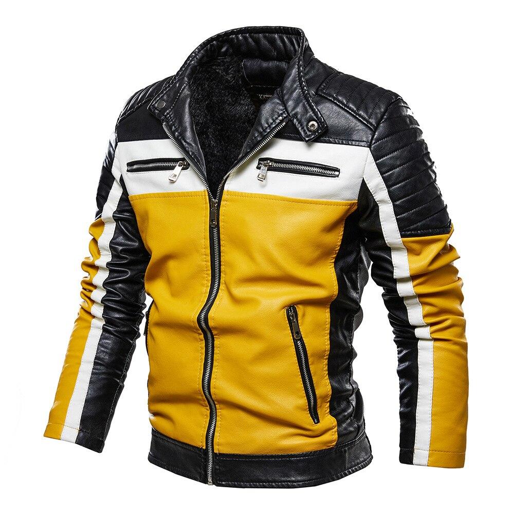 Herren Gelbe Lederjacke Patchwork Bikerjacke Herren Casual Reißverschluss Mantel Herren Motorradjacke Slim Fit Pelz Gefüttert Outwear Mantel XXL