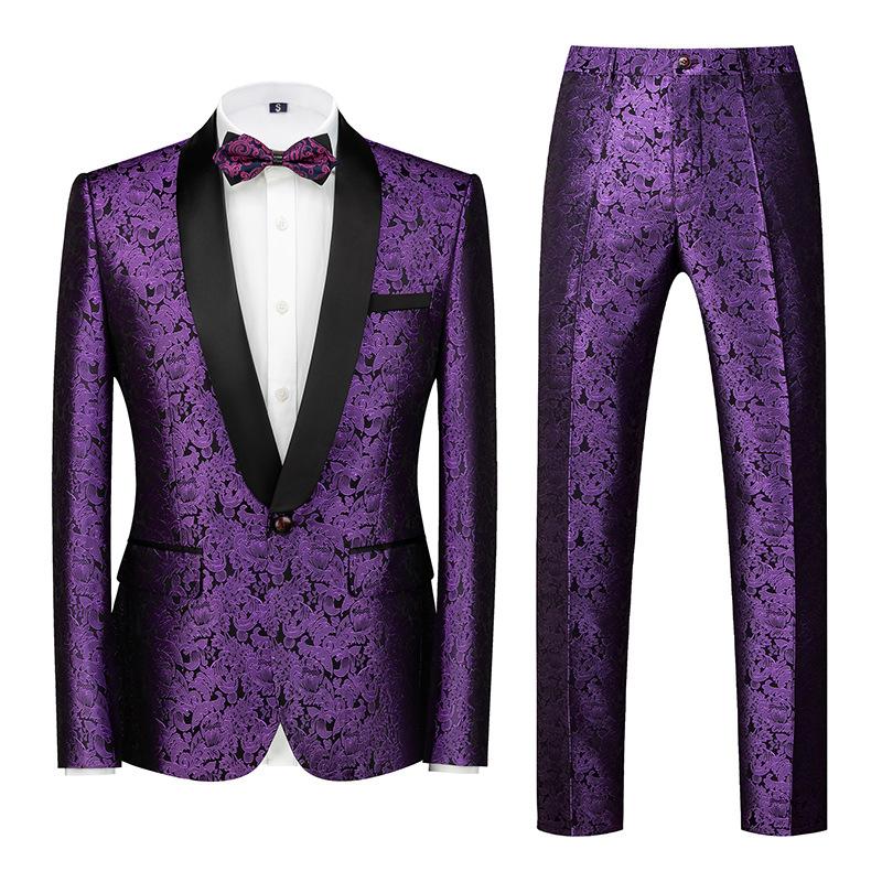 Herrenbekleidung Stilvoller formeller Anzug 2-teiliges Set Herrenanzug Blumenmusterdruck Geschäftsbüro Hochzeitsanzug Jacke + Hose Anzüge und Blazer 4XL violett