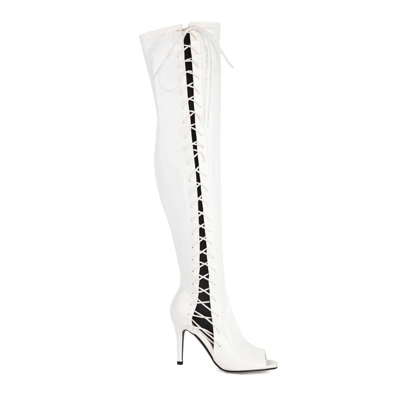 Damen Overknee Oberschenkelhohe Stiefel Sexy Schnürung Lack Rot Nachtclub Tanz Fetisch Party Schuhe Dame Große Größe Neu 2024 Sommer 38 weiß