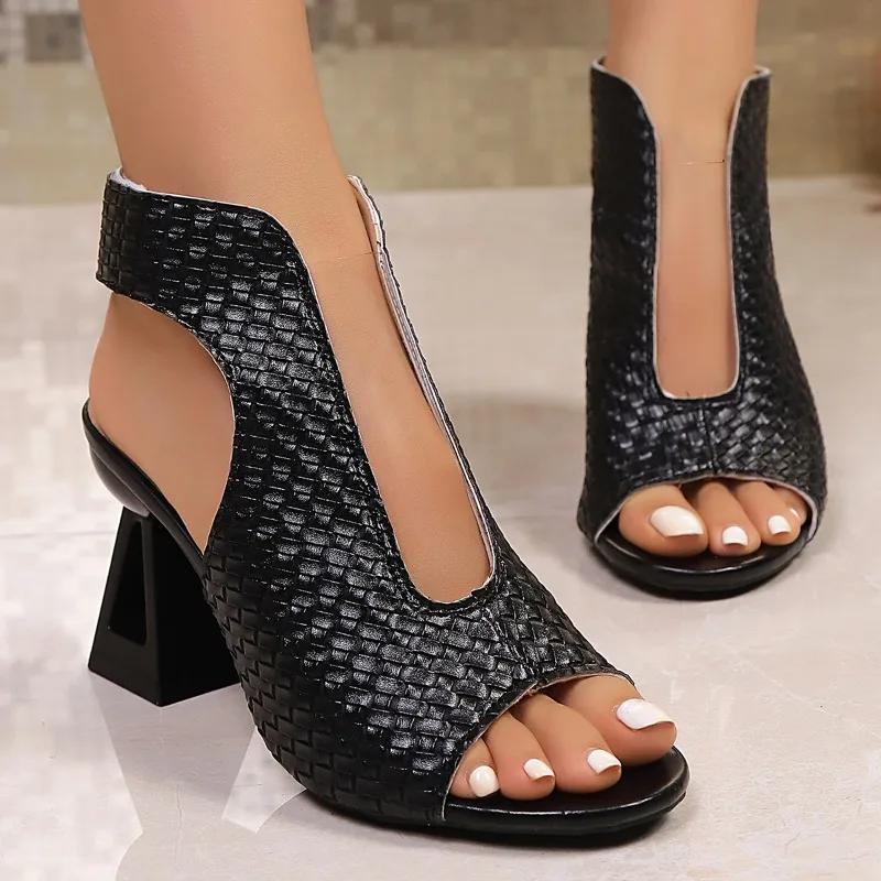 2026 Sommer Neue Goldene Blockabsatz Fischmaul High Heel Sandalen Damen High Heels 38 schwarz