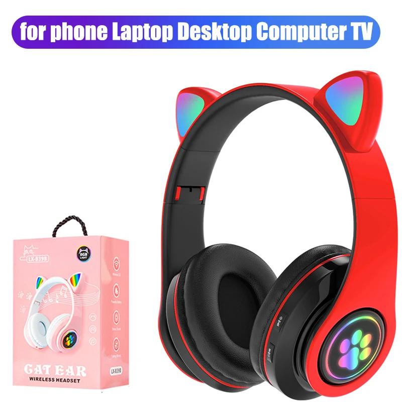 Bluetooth 5.0-Kopfhörer mit Mikrofon, niedliches Katzenohr, kabellos/kabelgebunden, faltbarer Kopfhörer, Bass, RGB-Atmungslicht für Jungen/Mädchen With box rot