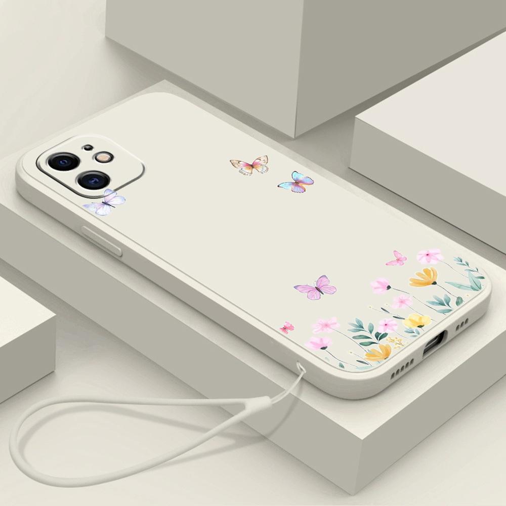 N86 Kleine frische Blume Schmetterling mit Lanyard Silikon Gerade Kante Handyhüllen für Xiaomi Poco X5 Redmi Note 13 Pro Realme Huawei Stoßfeste Hülle Redmi 9T