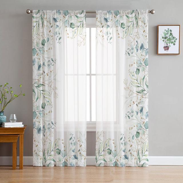 Grüne Blatt-Eukalyptus-Pflanze, Tüll-Voile-Vorhänge für Schlafzimmer, Fenstervorhang für Wohnzimmer, durchsichtige Vorhänge, Jalousien, Organza-Vorhänge 1 PCS W250XH250cm
