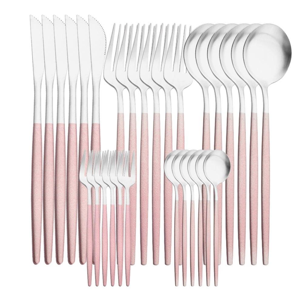 30 Stücke Mattschwarz Silber Geschirr Set Edelstahl Messer Kuchen Gabel Tee Löffel Besteck Besteck Set Küche Geschirr Set rosa/silber