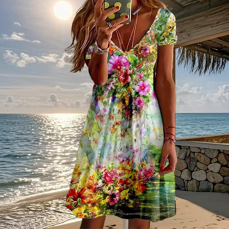 Sommermode Damen V-Ausschnitt Kurzarm Blumen bedrucktes Kleid Sex Kurzer Rock Kleider XS bunt