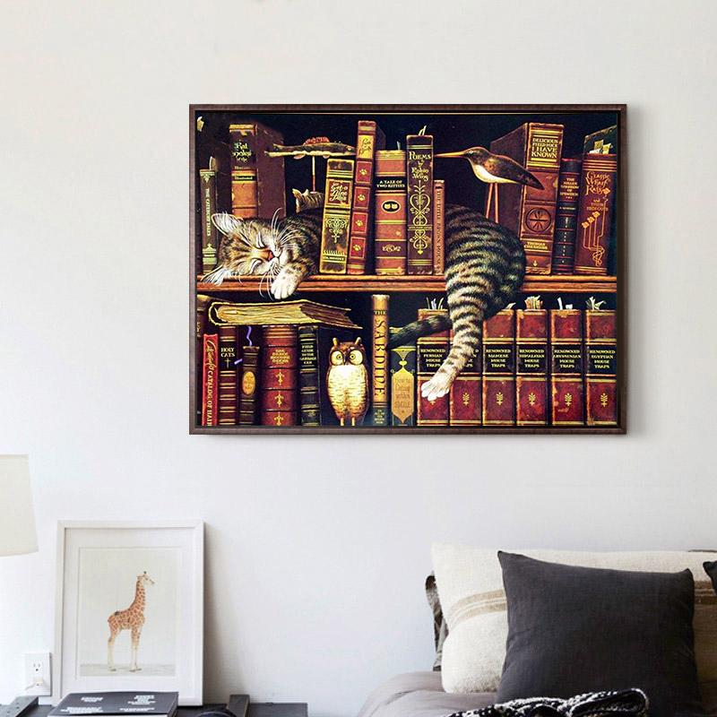 Diamant-Gemälde „Katze schläft im Buch“, Kreuzstich, Handarbeit, Heimdekoration, runde Diamant-Stickerei 20X30CM