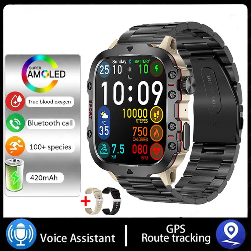 Neue Smart Watch 1,96 Zoll Bildschirm 420 MAh Bluetooth Anruf Sprachassistent Uhr Sport Fitness Wasserdichte Smartwatch für Männer Steel+Silicone+Silicone mandel